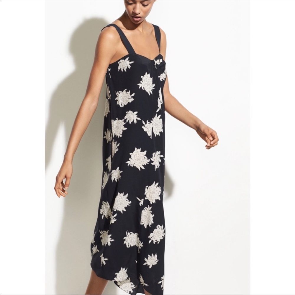 Vince Silk Floral Midi Dress Midnight Blue Sleeveless M